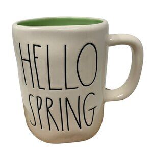 Rae Dunn Hello Spring Mug Coffee Cup Ceramic Farmhouse Magenta White Green LL